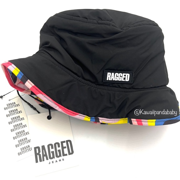 NWT Ragged Priest Rainbow Abstract Wavy Pink Black Reversible Puffer Bucket Hat - Picture 3 of 6